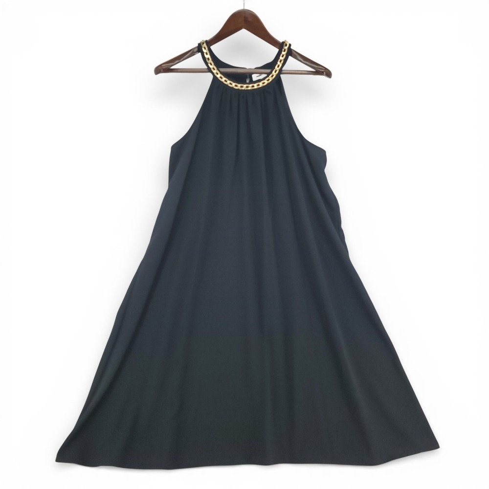 Calvin Klein Women 18 A Line Dress Polyester Black Gold Chain Elegant Minimalist